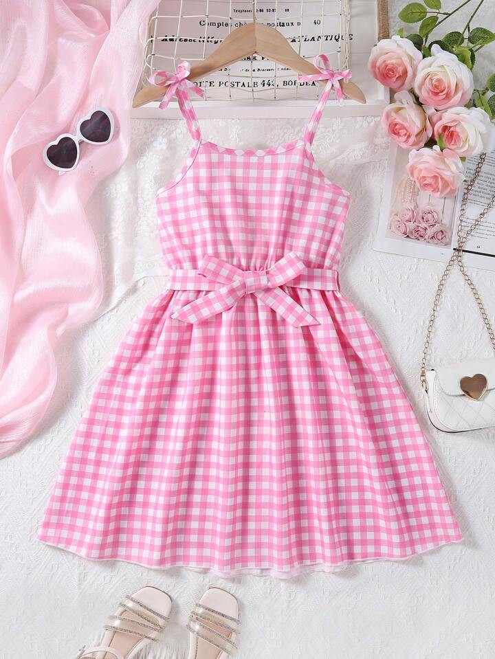 Tween Girl Pink Plaid Casual And Comfortable Summer Cami Dress With Belt | SHEIN