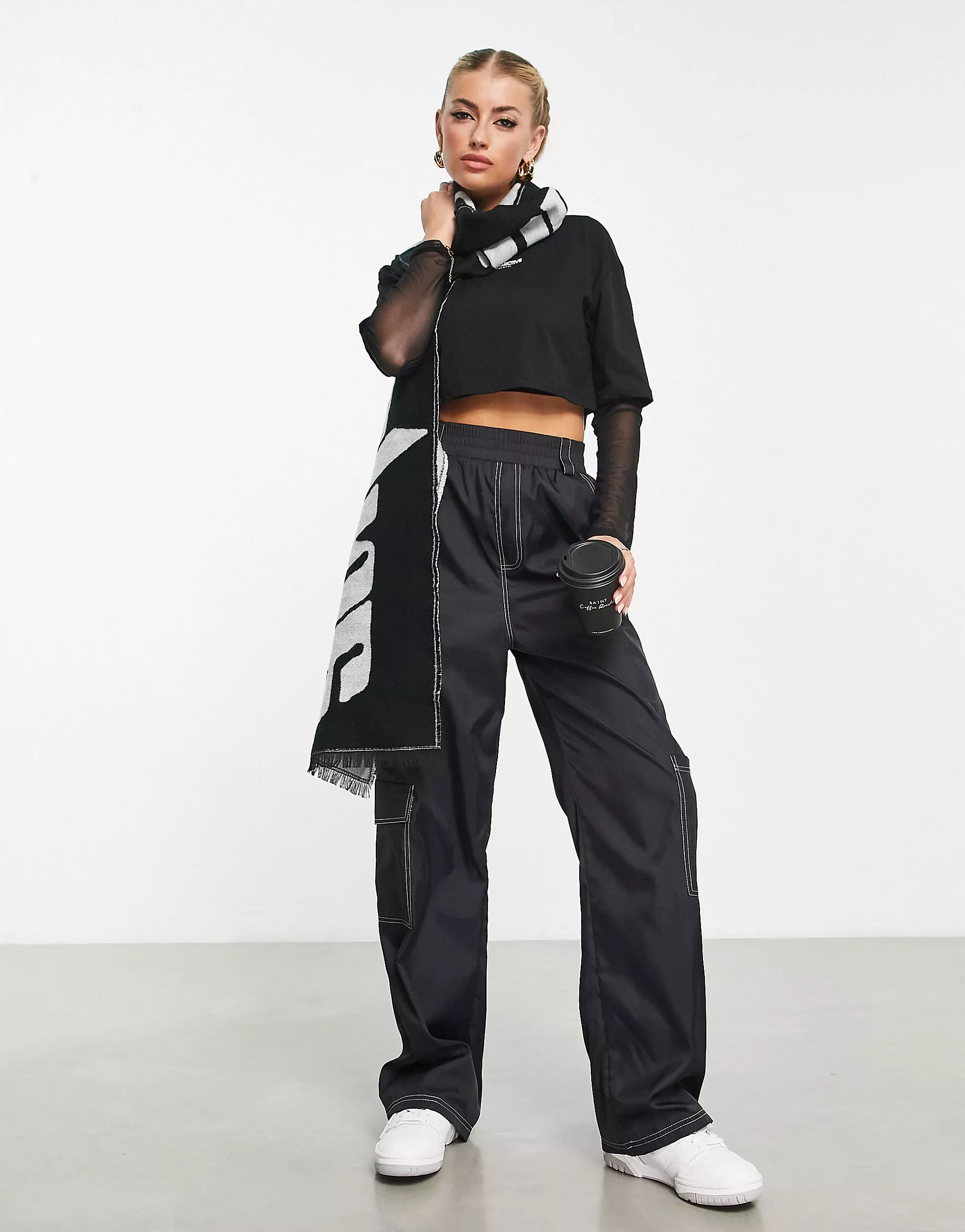ASOS Weekend Collective parachute cargo pants with contrast top stitch in black | ASOS (Global)