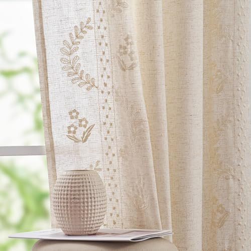 jinchan Belrose Linen Curtains for Bedroom Floral Curtains 63 Inch Length Linen Blend Ivory Embro... | Amazon (US)