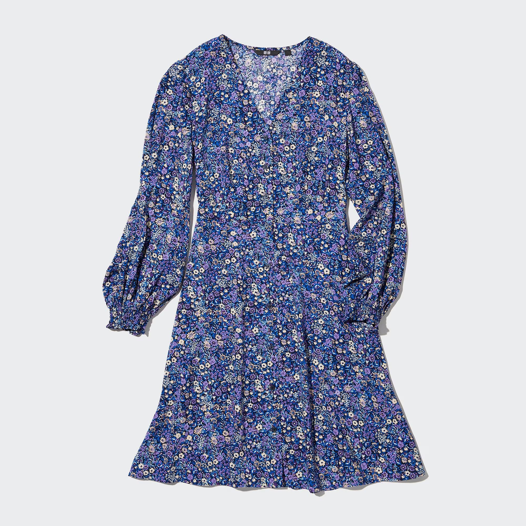 Printed V-Neck Long-Sleeve Flare Mini Dress | UNIQLO (US)