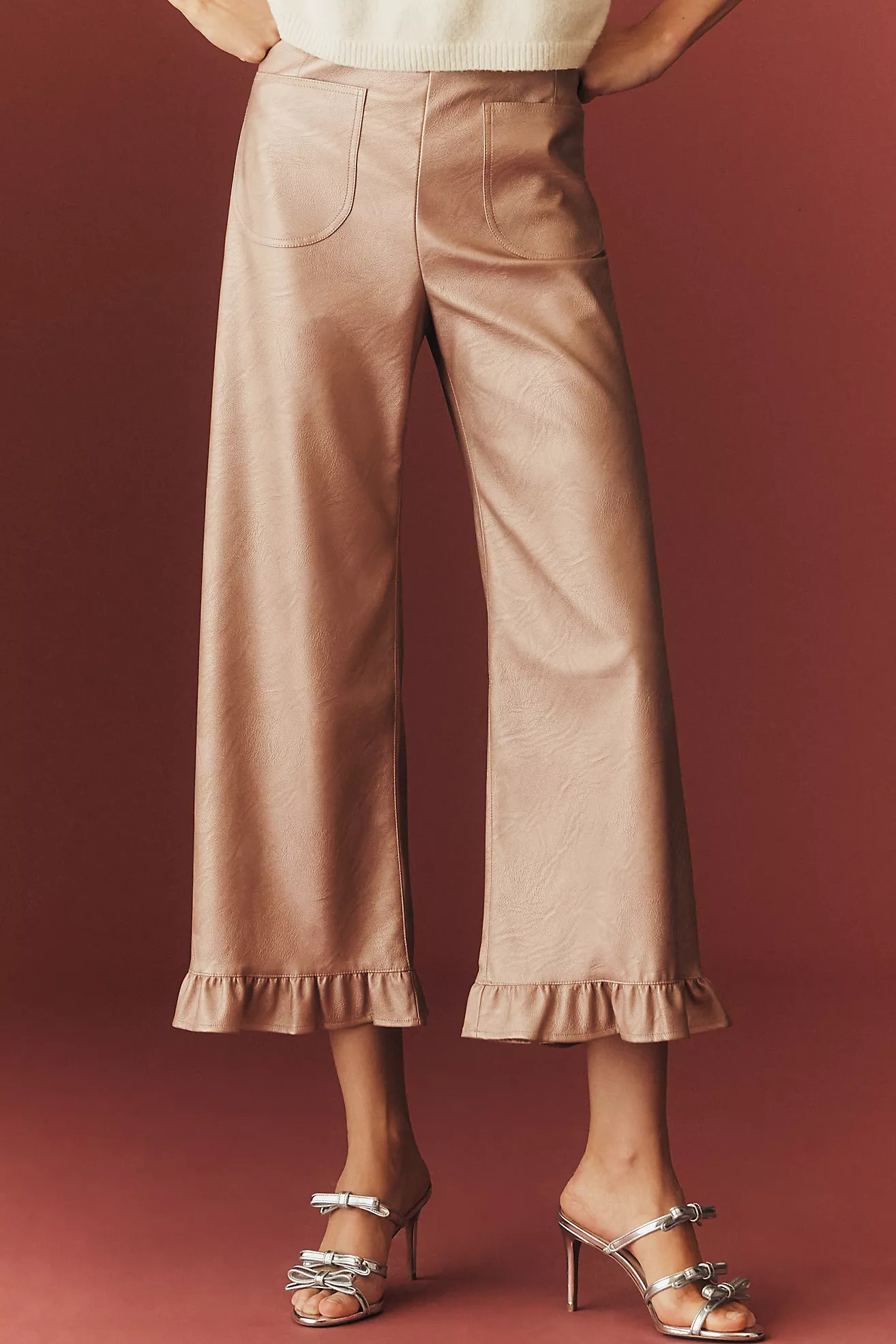 The Colette Crop Metallic Faux Leather Ruffle-Hem Pants by Maeve | Anthropologie (US)