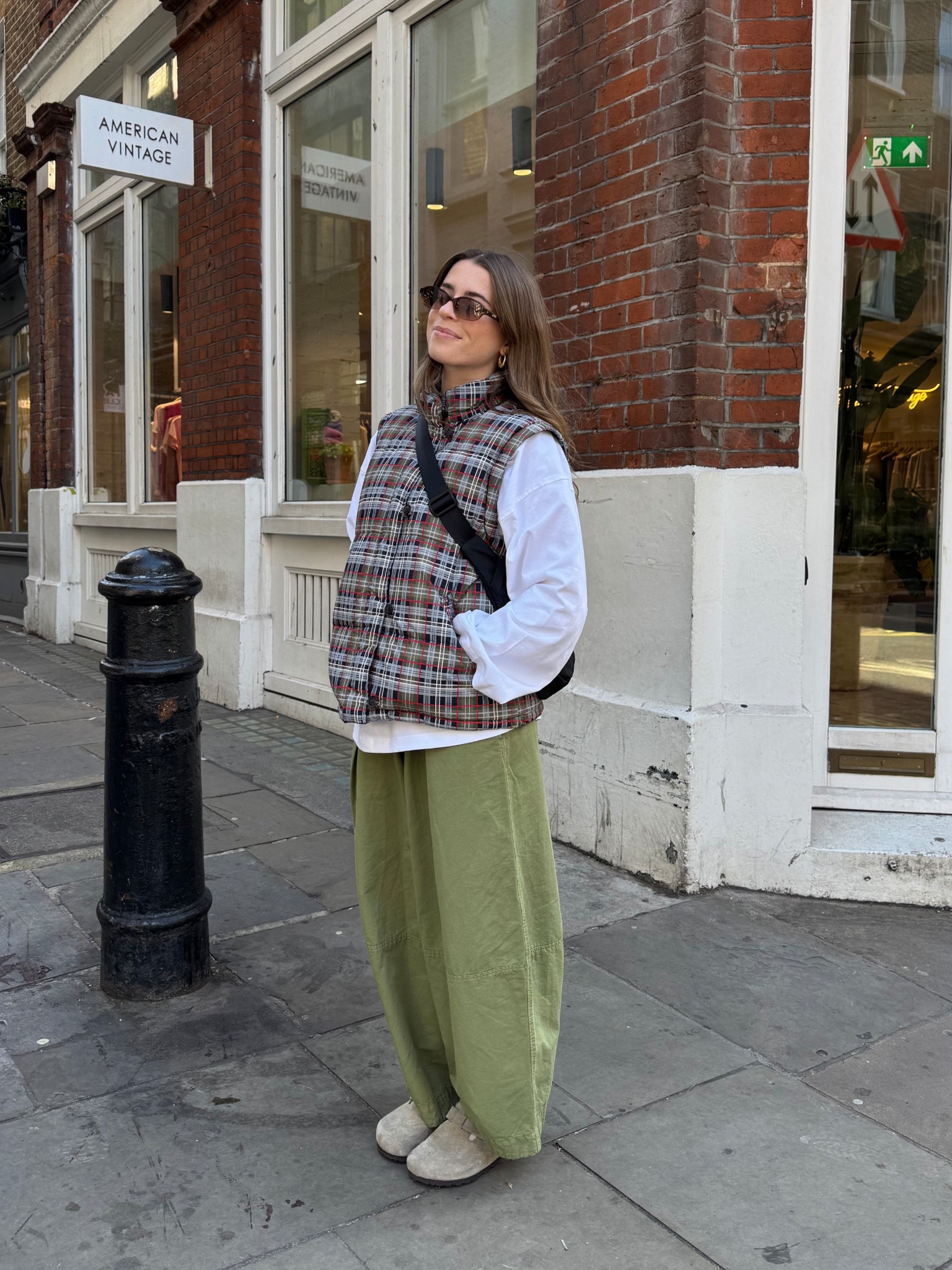 Puffer coat, gilet, printed coat, pattern coat, pattern puffer, tartan puffer, green trousers, baggy trousers, Birkenstock bostons, white long sleeve t shirt 

#LTKautumn #LTKuk #LTKstyletip