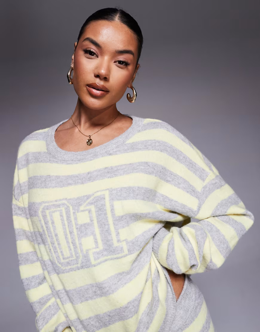 Tiger Mist Koa wool feel knitted logo detail jumper co-ord in yellow and grey stripe-Multi | ASOS (Global)