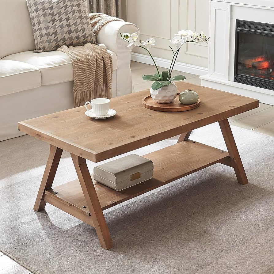 Farmhouse Coffee Table,Solid Wood Center Tables with Storage Shelves & Sturdy A-Shaped Legs, Mode... | Amazon (US)