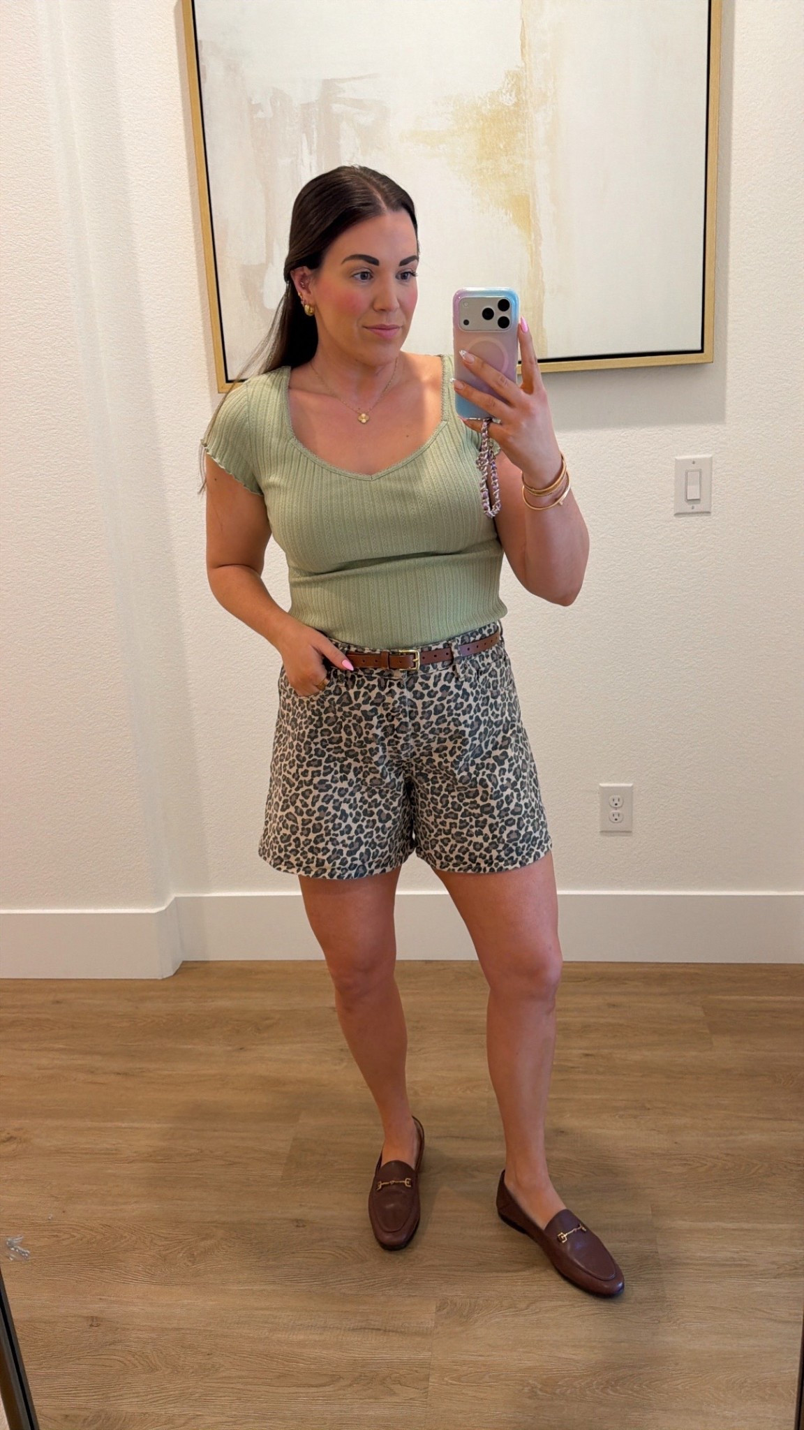 curvy midsize casual look for spring! wearing size large in light green top and size 30 in leopard denim shorts 

#LTKMidsize #LTKSeasonal