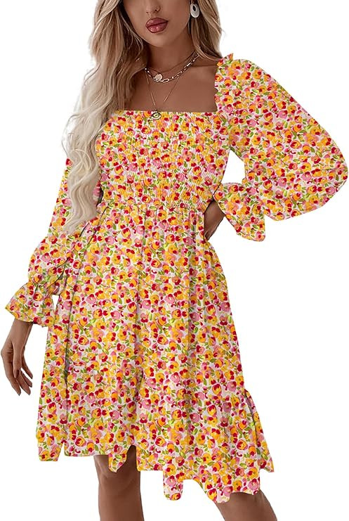 LYANER Women's Square Neck Lantern Long Sleeve Ruffle Shirred Flowy Party Mini Dress | Amazon (US)