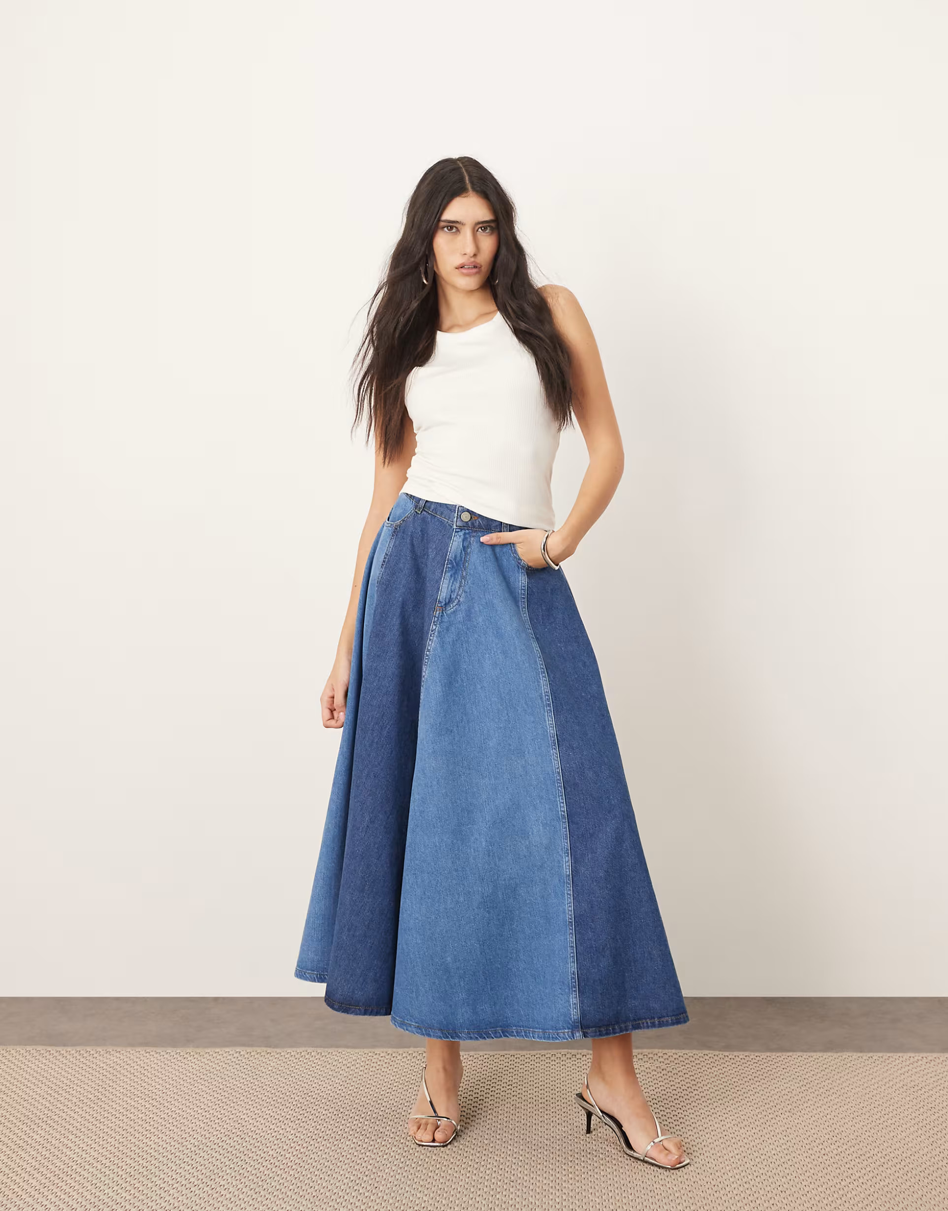ARRANGE denim paneled maxi skirt in blue two tone | ASOS (Global)