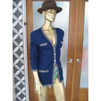 Vintage Karl Lagerfeld Paris Cardigan Navy Blue Faux Pockets Metal Buttons Contrasting Edging Stretc | Etsy (US)