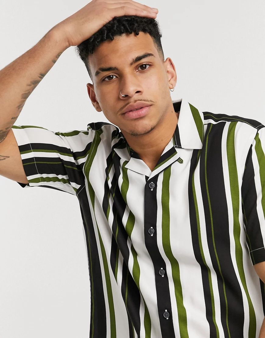 Only & Sons shirt in vertical stripe white black and green | ASOS (Global)