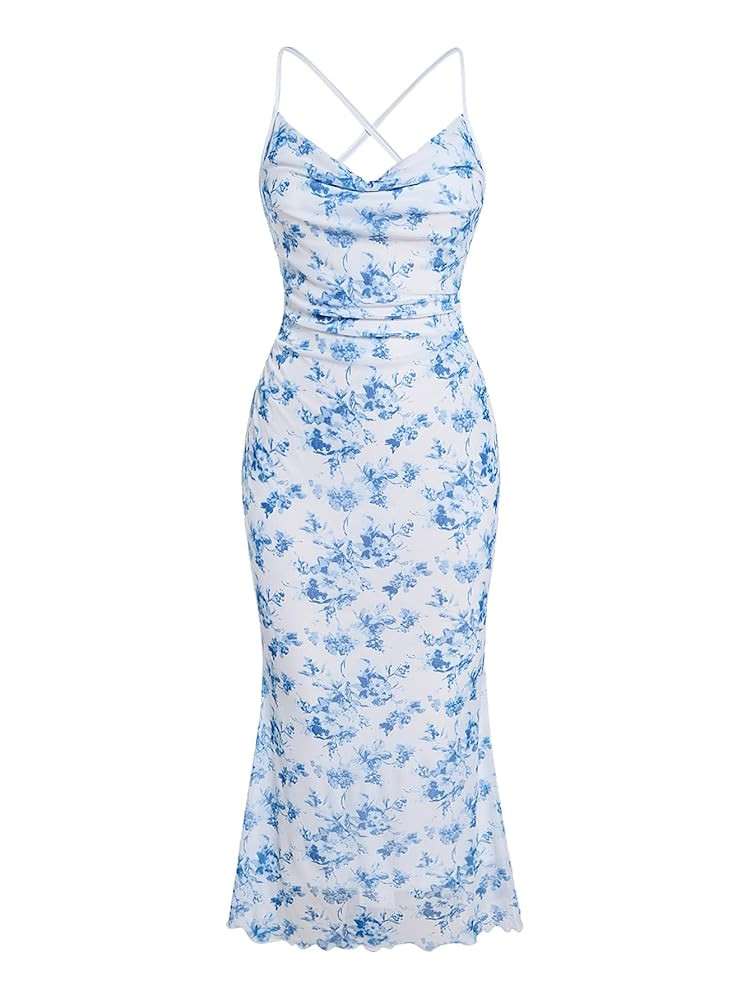 SOLY HUX Women's Floral Mesh Bodycon Cami Dress Cowl Neck Sleeveless Cocktail Party Wedding Guest... | Amazon (US)