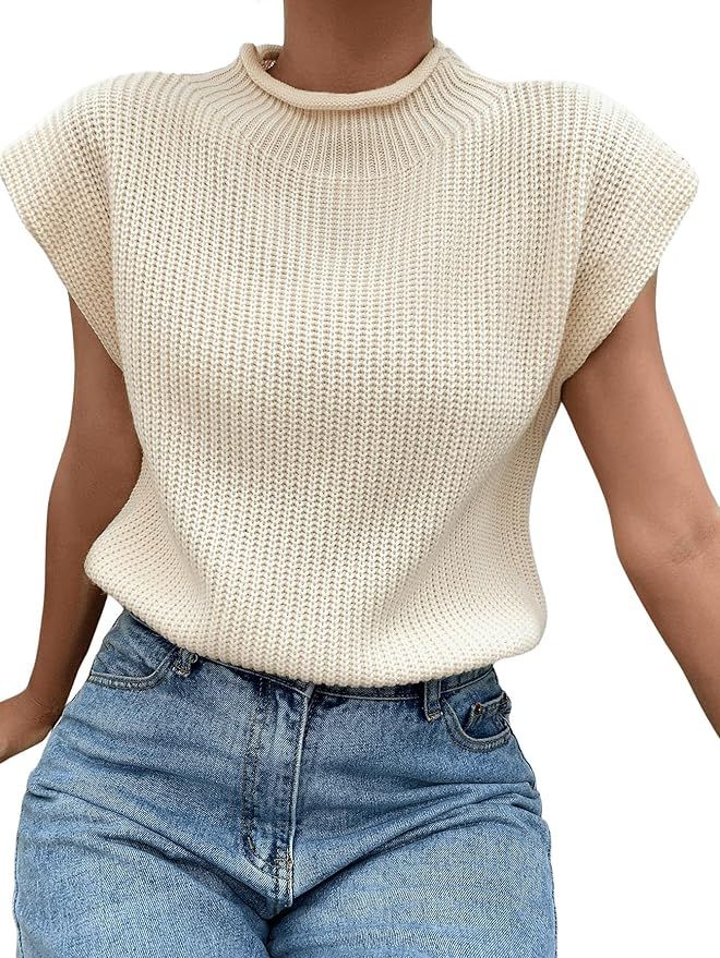 GORGLITTER Women's Mock Neck Short Cap Sleeve Sweater Vest Casual Solid Knit Pullover Top | Amazon (US)