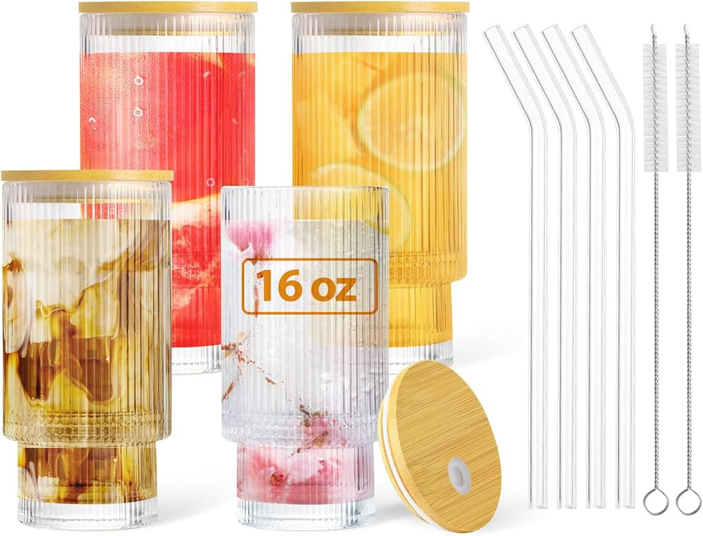 DoceMora Ribbed Glass cups with Bamboo Lids and Glass Straws Set of 4, Vintage Origami Style Clea... | Amazon (US)