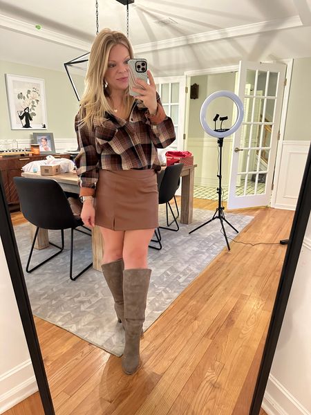Cute fall outfit for date night 🥰 faux leather skirt is not sold online 🥲 I also gave comparable flannels from target! #fallstyle 

#LTKHalloween #LTKSeasonal #LTKstyletip
