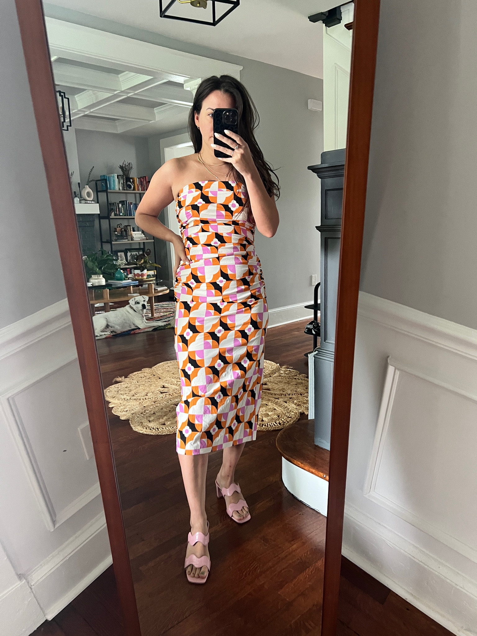 Fun colored shoes to make the dress pop. Ruched dress. Heeled slides. Strapless print dress.

#LTKSeasonal #LTKstyletip #LTKFind