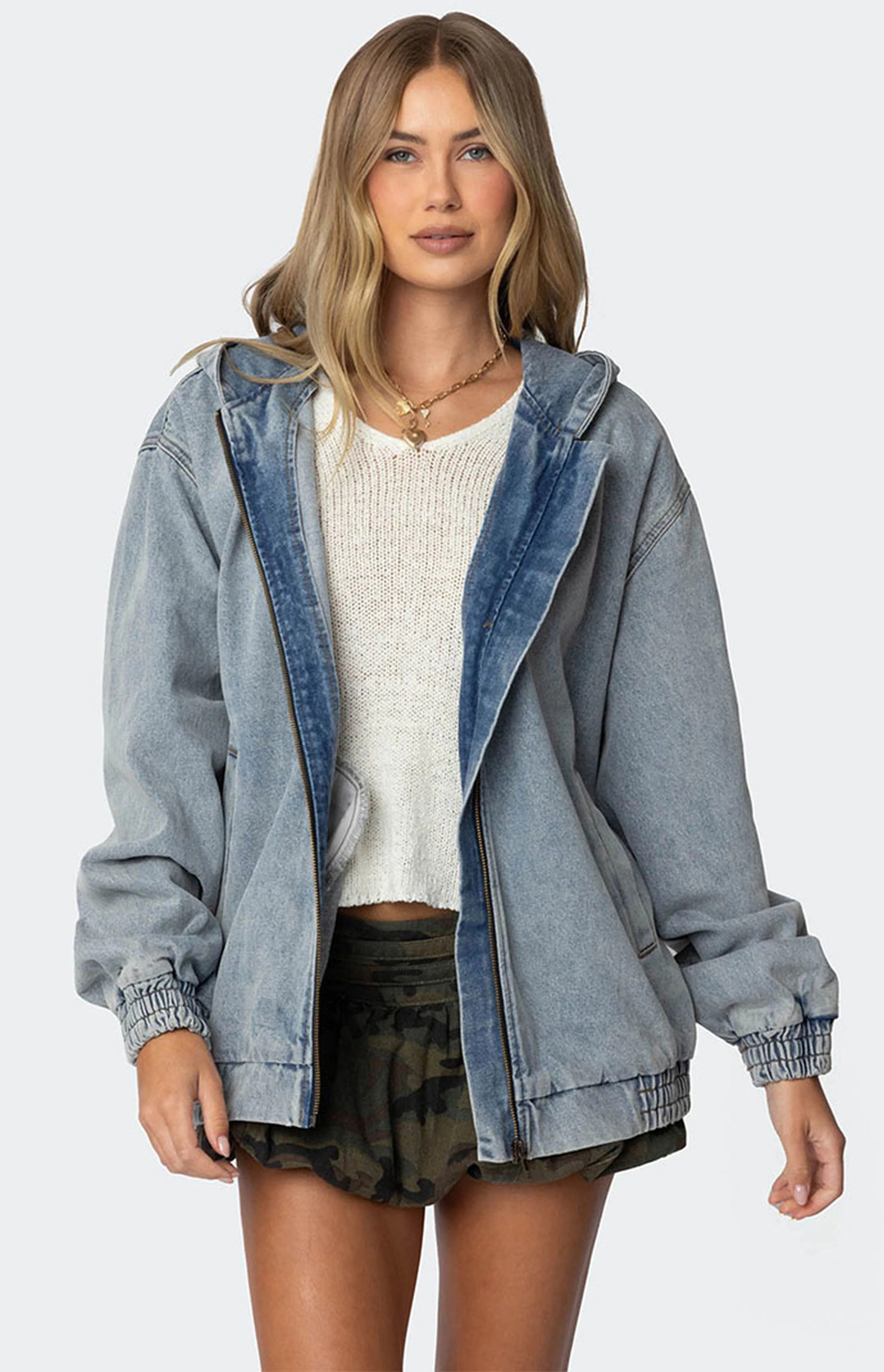 Edikted Hooded Vintage Washed Denim Bomber Jacket | PacSun