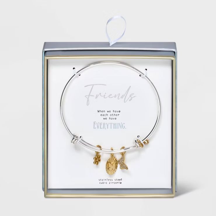 14K Gold Dipped Cubic Zirconia Flower and Butterfly Bezel Bangle Bracelet - Silver | Target