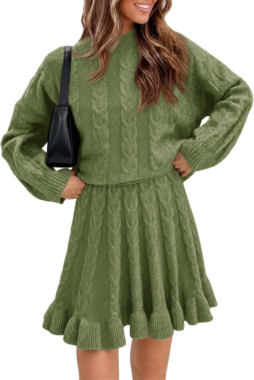 Tankaneo Womens 2 Piece Sweater Skirts Set Chunky Cable Knit Ruffle Skirt | Amazon (US)