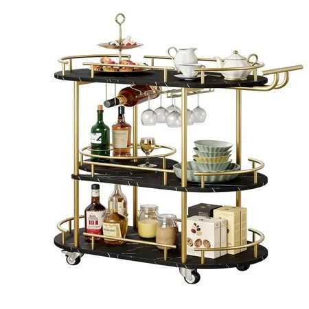 Garvee Bar Serving Cart with 3 Tier Storage Shelves, Wine Rack, Glass Holder, Golden and Black | Walmart (US)