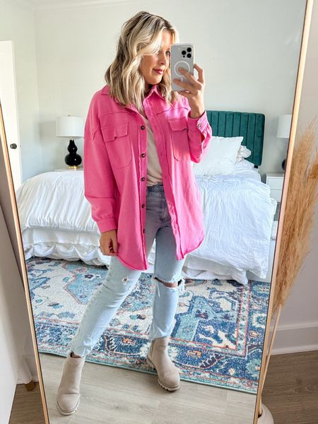 Pink long sleeve shacket shirt from Amazon! True to size and wearing a small. Comes in other colors. #shacket #amazonfinds #amazonstyle #valentinesdayoutfit #valentinesday