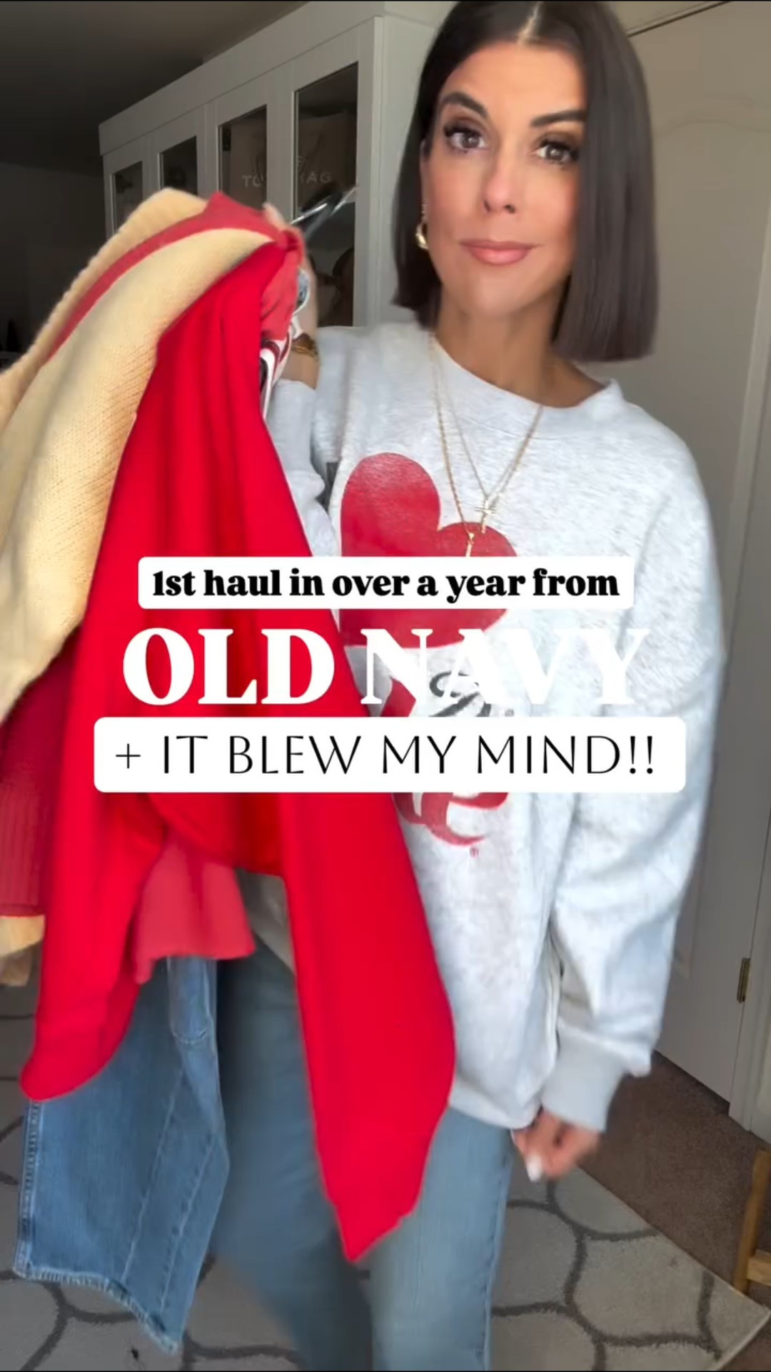 Old Navy haul!! I’m 5’5 and in size small in all sweatshirts and sweaters except the striped tee. Size xs in that one. Size 2 in jeans. 

#LTKSeasonal #LTKValentine #LTKSaleAlert