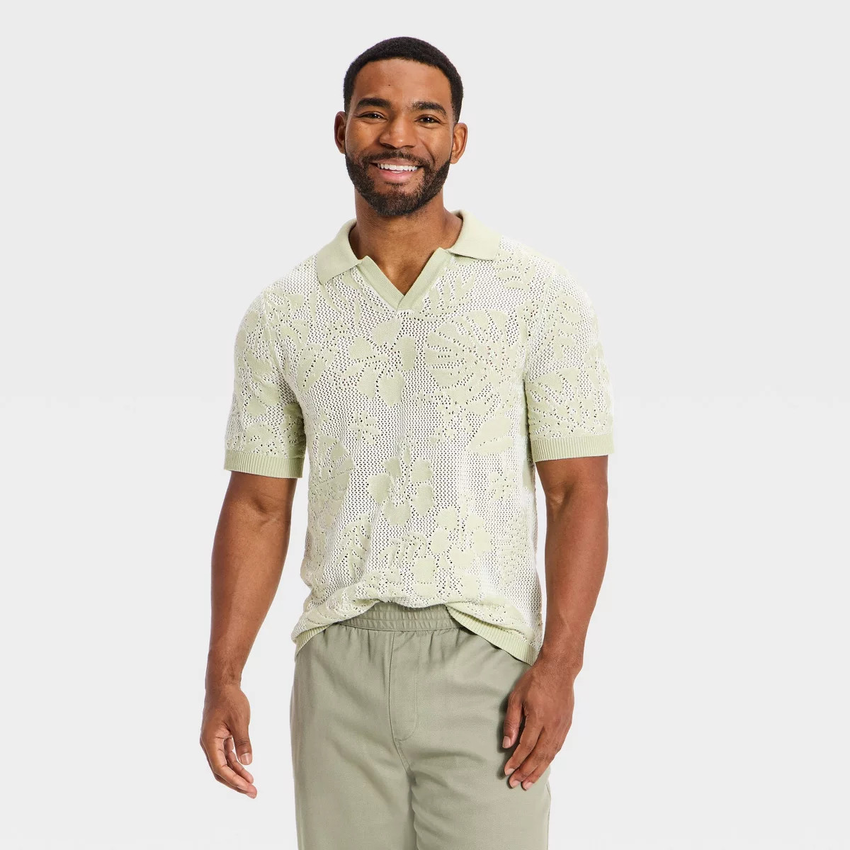 Men's Short Sleeve Palm Print Johnny Collar Polo Sweater - Goodfellow & Co™ Green XL | Target