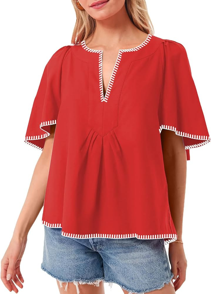 HOULENGS Women's Casual Ruffle Short Sleeve Tops 2025 Summer V Neck Pleated Blouses Loose Business Work Shirts | Amazon (US)