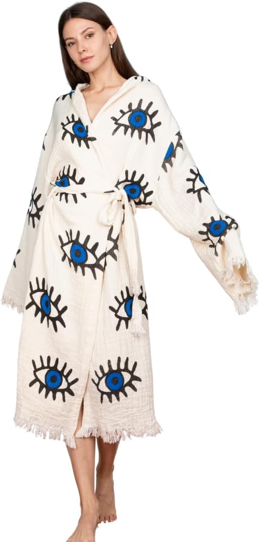 Evil Eye Hooded Muslin Bathrobe for Women-Premium Turkish Cotton-Lightweight and Luxurious-Beach,... | Amazon (US)