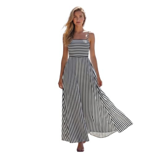 SUNSTORY Women's Striped Maxi Dress: 2026 Sleeveless Square Neck Beach Dresses, Black and White Stripes Boho Flowy Casual Backless Spaghetti Strap Smocked Summer Long Dress Vacation Resort Wear | Amazon (US)