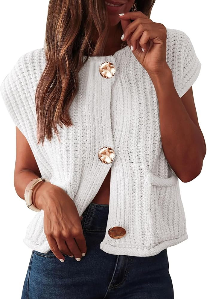 ANRABESS Women Chunky Knit Sweater Vest Button Down Casual Sleeveless Cardigan with Pockets Sprin... | Amazon (US)