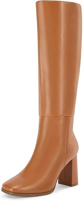 Coutgo Womens Wide Calf Knee High Boots Chunky High Heel Square Toe Fashion Leather Shoes with Si... | Amazon (US)