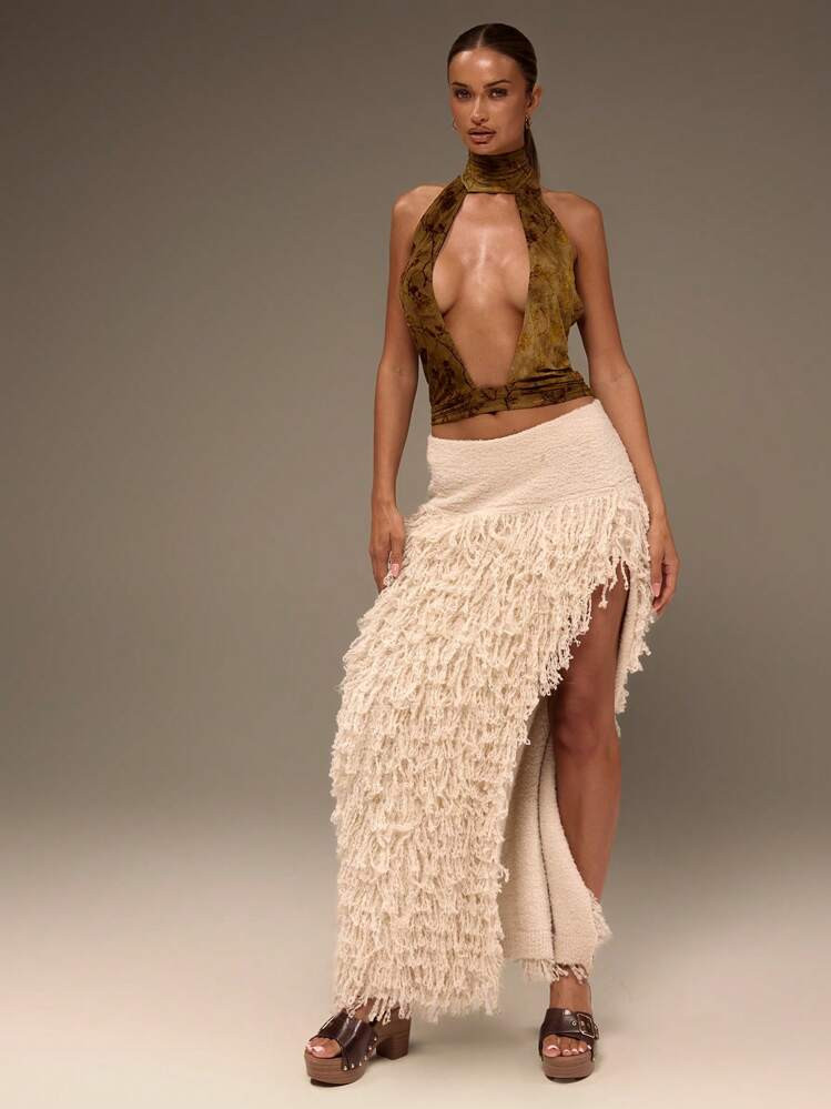 MUSERA Fluffy Distressed Knitted Side Split Maxi Skirt WesternBoho, Bohemian, Cowgirl, Festival, Concert,Ibiza Western Bohemian
 | SHEIN
