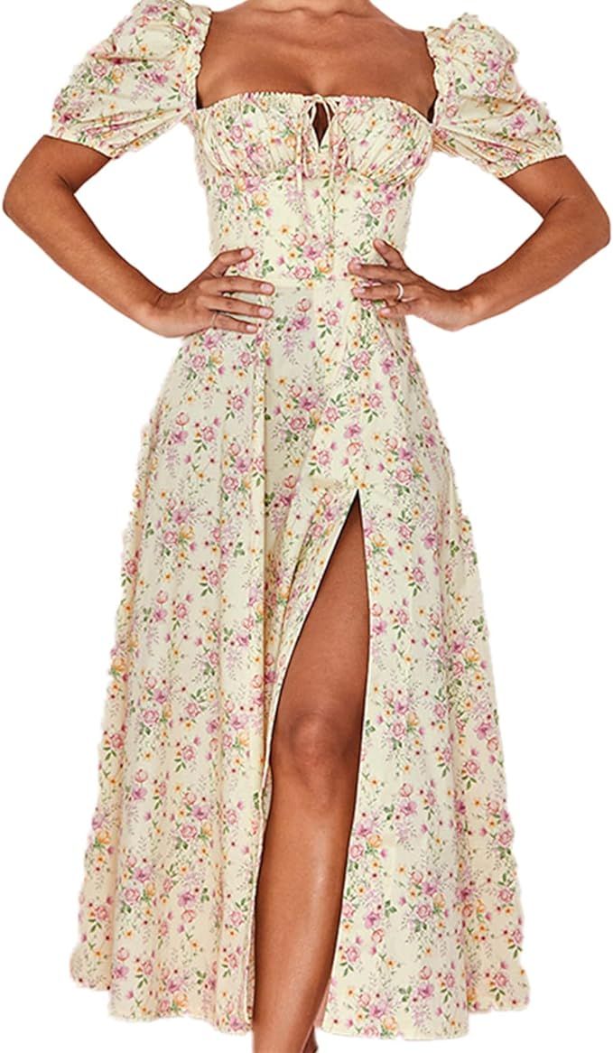 Women's Floral Boho Dress Puff Short Sleeves Square Neck High Splitting Long Maxi Dress | Amazon (US)