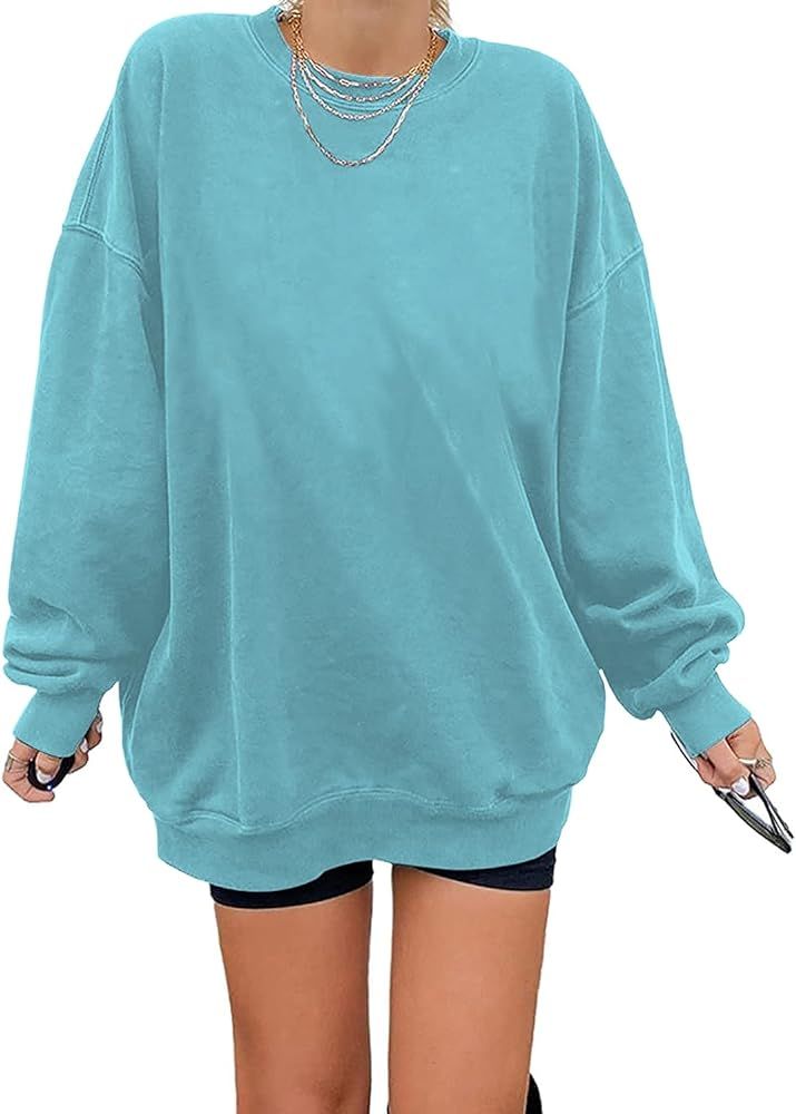 Ebifin Women's Oversized Long Sleeve Sweatshirts Pure Color Round Neck Casual Pullover Shirt | Amazon (US)