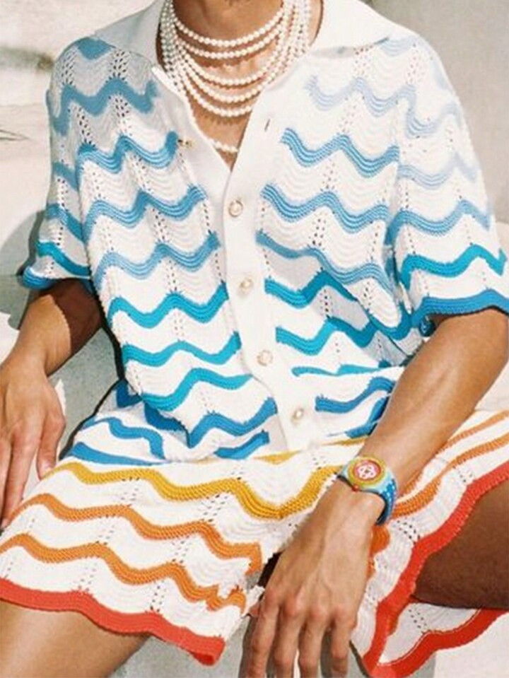 Manfinity Homme Men Crochet Mens Polo  Fashionable Wave Pattern Printed Short Sleeve Button Closu... | SHEIN