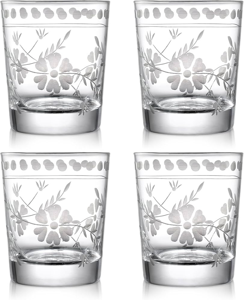 Joeyan Hand Blown Etched Drinking Glasses,Clear Water Glass Cups with Floral Pattern,Aesthetic Tu... | Amazon (US)