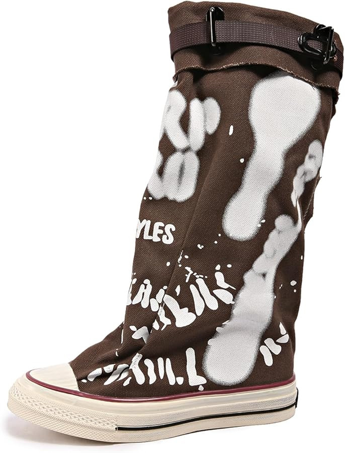 Women's Wide Calf Knee High Punk Goth Boots Graffiti Print Canvas Lace Up Buckle Fold Over Gladia... | Amazon (US)