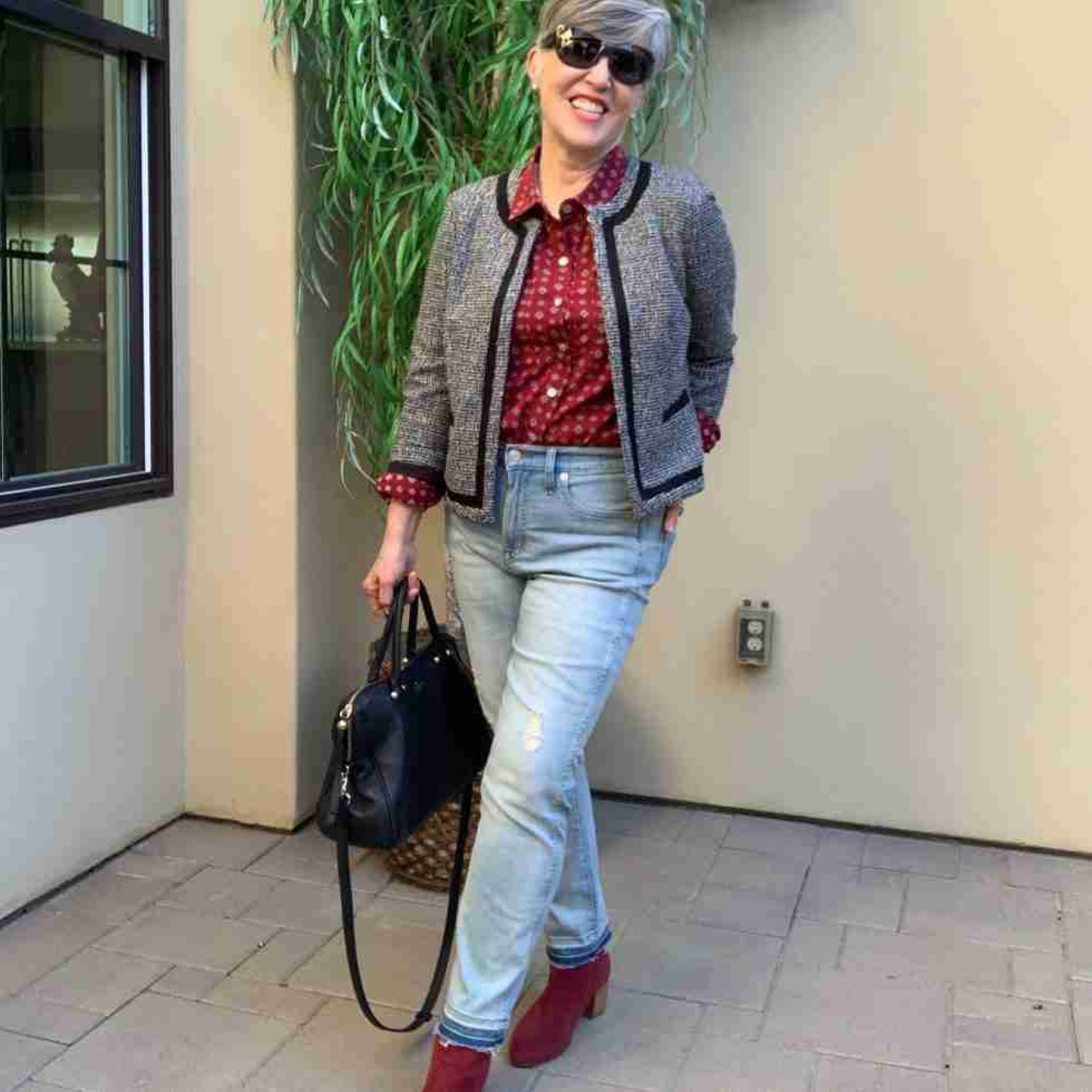 If you like the look of a lady jacket, you will love this blend of a boucle jacket with mid-wash jeans. I added a burgundy shirt, and boots as well as a black bag and sunglasses. Cool elegance, don’t you think?

#LTKSeasonal #LTKOver40 #LTKShoeCrush