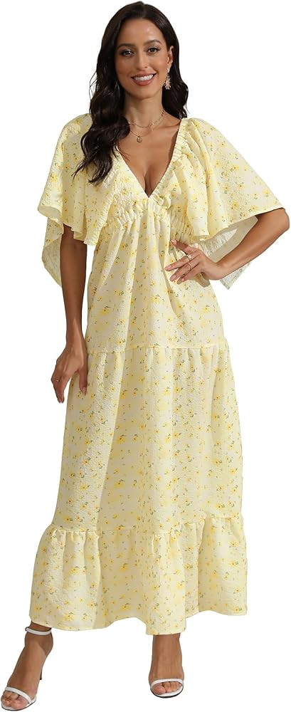 Women's Summer V-Neck, Tiered Silhouette with Flutter Sleeves Maxi Dress for Casual | Amazon (US)