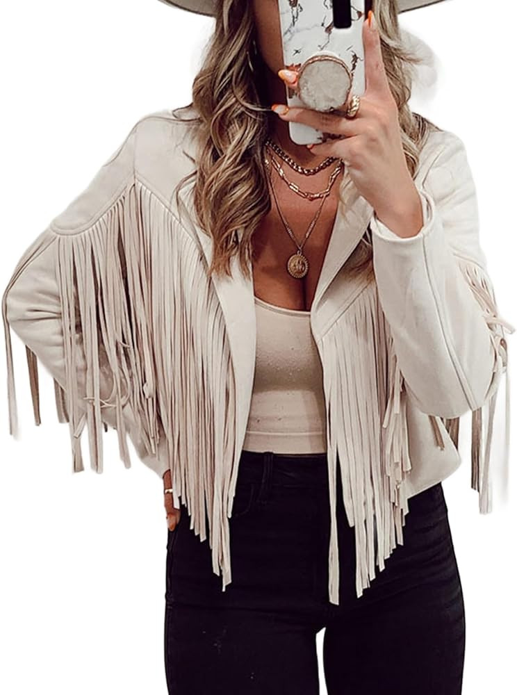 Faux Suede Leather Jackets For Women Trendy Fall Western Fringe Cropped Jacket 2025 Tassel Motorc... | Amazon (US)