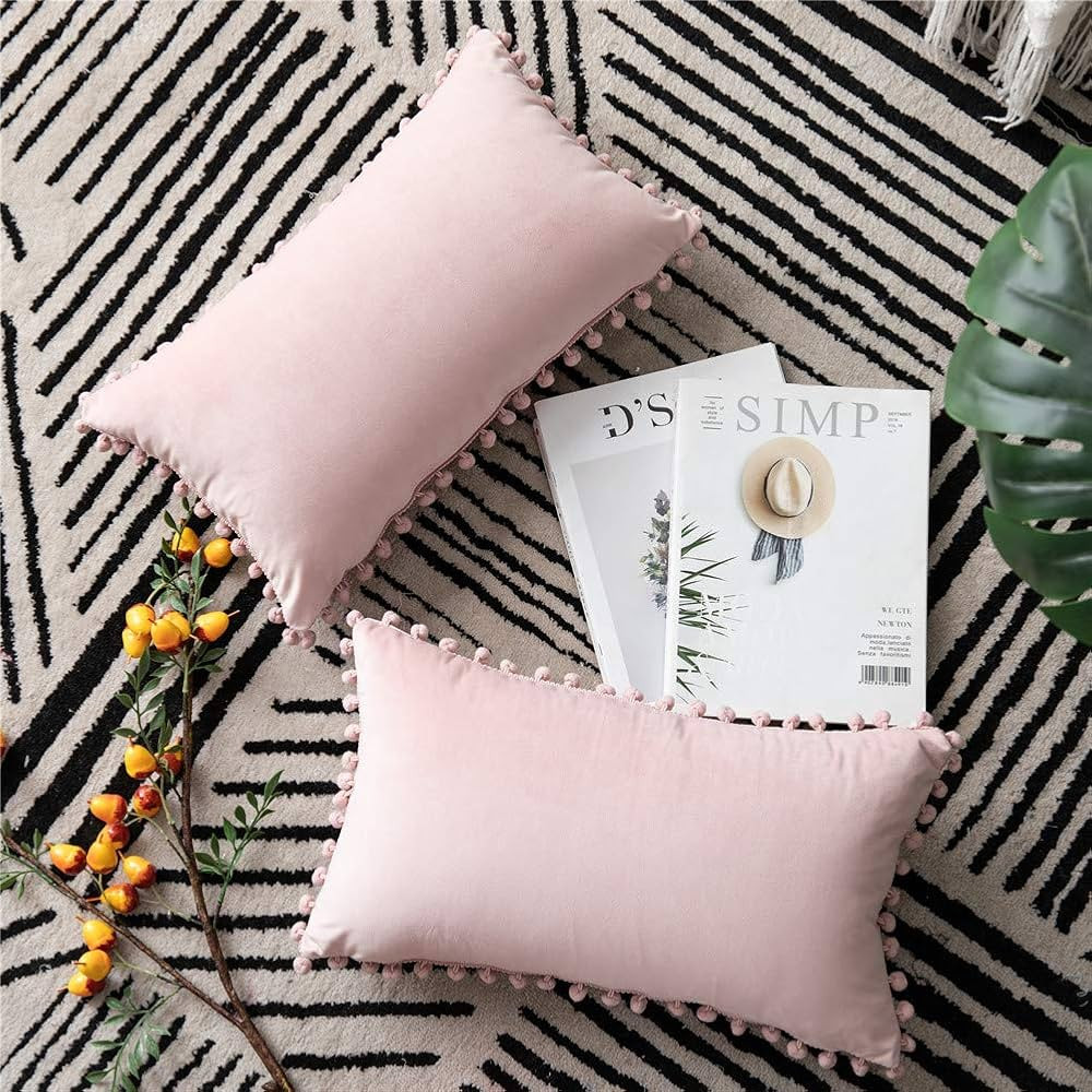 DEZENE 12x20 Throw Pillow Covers Pink: 2 Pack Cozy Soft Pom-poms Velvet Rectangular Decorative Pi... | Amazon (US)