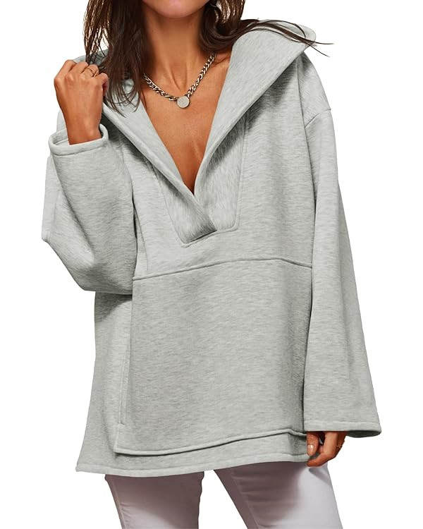 Fisoew Women's Hoodies Oversized Sweatshirts Casual Fleece V Neck Long Sleeve Hooded Loose Fall W... | Amazon (US)