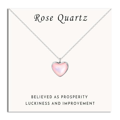 SmileBelle Rose Quartz Heart Necklace for Girls as Graduation Gift for Her, Silver Pink Girls Heart Necklace as Daughter Birthday Gifts, Dainty Pink Stone Pendant Handmade Crystal Jewelry for Women | Amazon (US)