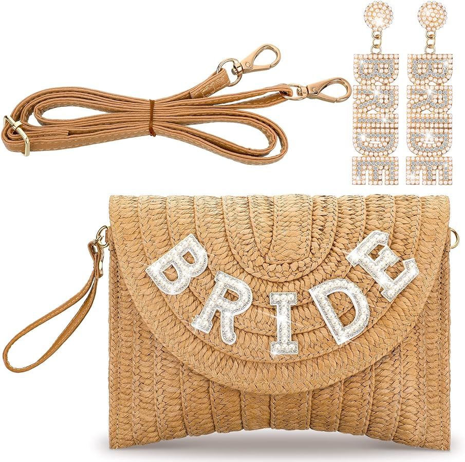 Bride Straw Shoulder Bag Beach Purses with Rhinestone Bride Earrings Crossbody Woven Summer Bag E... | Amazon (US)