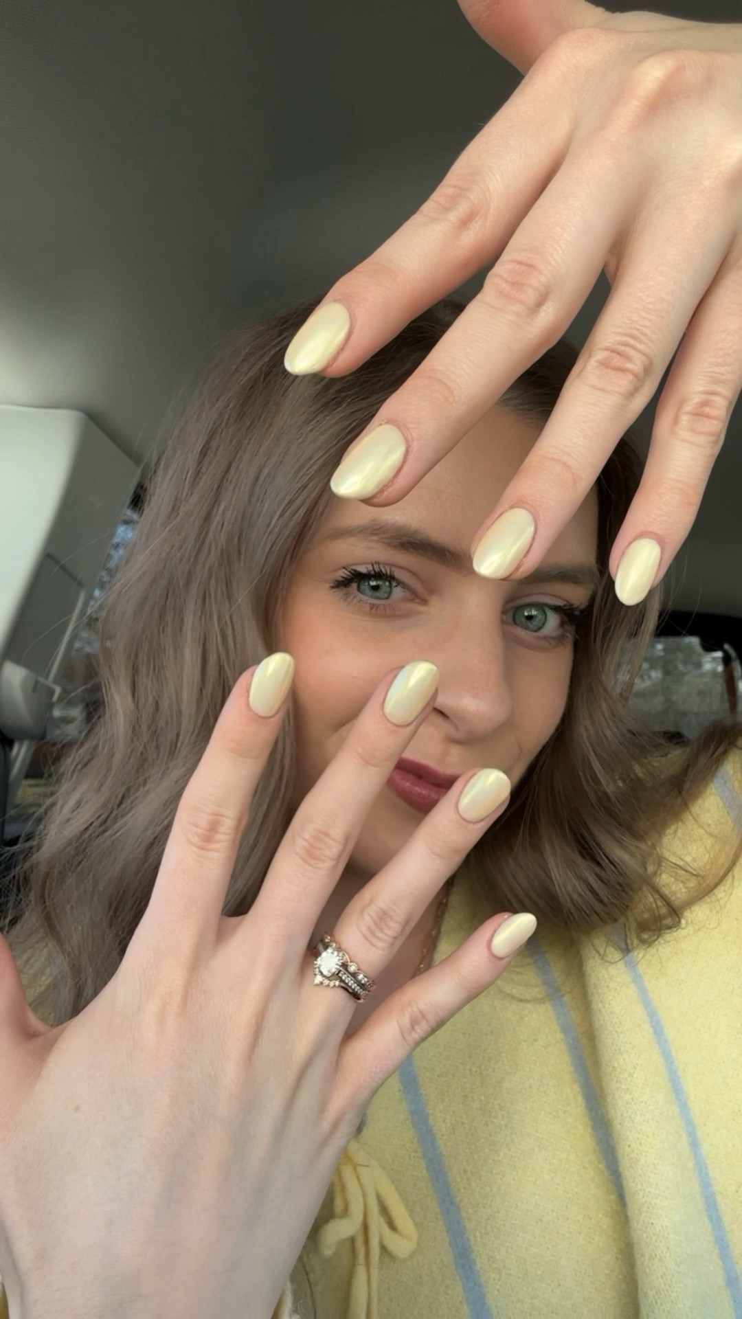 Reel 3/2/25

Yellow chrome nails, spring nail inspo, pastel yellow nails, yellow and blue striped cardigan sweater, tie front bow sweater, light blue tank top, custom gold charm necklace, affordable jewelryy