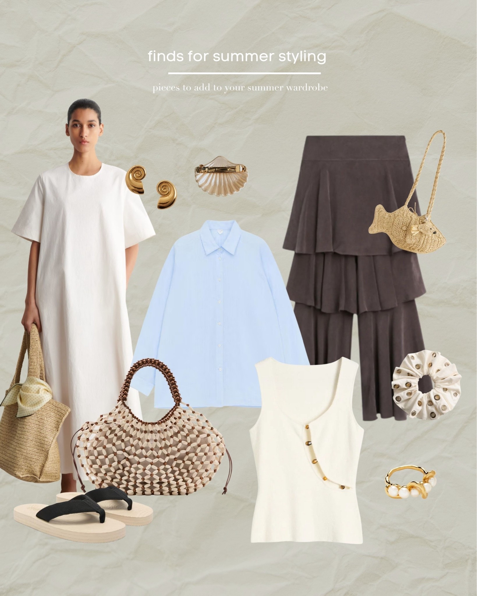 Summer Styling, Summer Dress, White Dress, Blue Shirt, Summer Shirt, Beaded Bag, Beach Bag, Summer Bag, Basket Bag, Flip Flops, Sea Shell

#LTKsummer #LTKuk