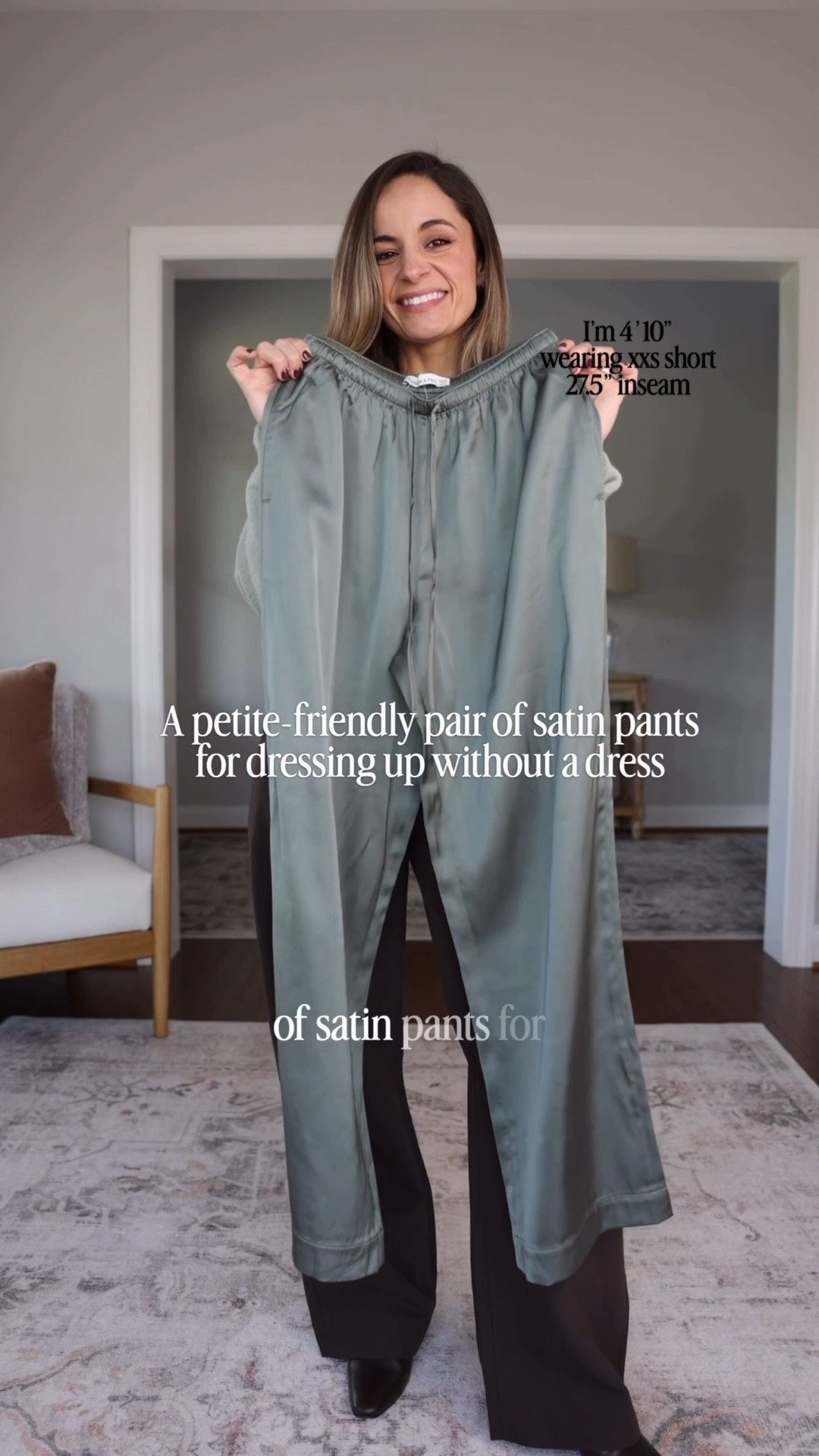 I found a great pair of satin pants! Love these for the holiday season but they could even be dressed up for work if you’re feeling adventurous (of course dress code dependent). 

27.5” inseam in short and true to size, I’m wearing xxs short 
Top: xxs
Sweater: xxs 

For size comparison, I’m 4’10” 105lbs. My measurements are 32”, 24”, 36”. I typically wear petite xxs/00/24 and have a 25” ankle inseam and a 27.5-28” full length inseam.

#LTKPetite
