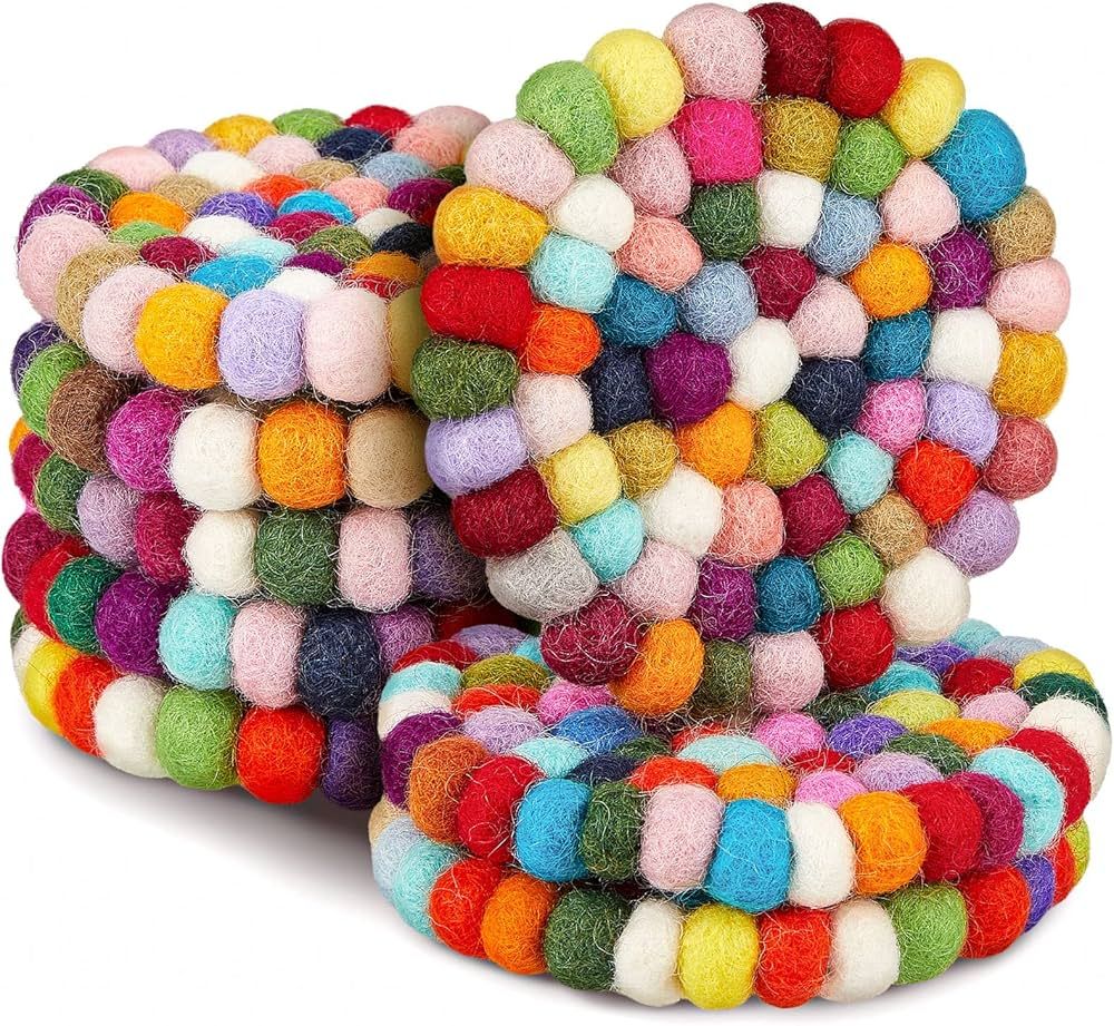 8 Pcs Round Felt Ball Coasters Wool Colorful Absorbent Coasters Handmade Felt Coasters for Drinks... | Amazon (US)