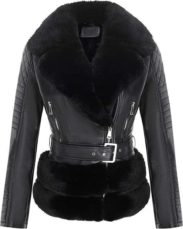 Bellivera Women Faux Suede Leather Jacket Motorcycle Short Sherpa-Lined Coat with Removable Belt | Amazon (US)