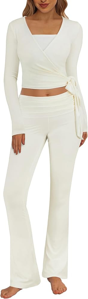 Women's 3 Piece Lounge Sets V Neck Long Sleeve Cross Wrap Shirts Tube Crop Tops Fold Over Flare P... | Amazon (US)