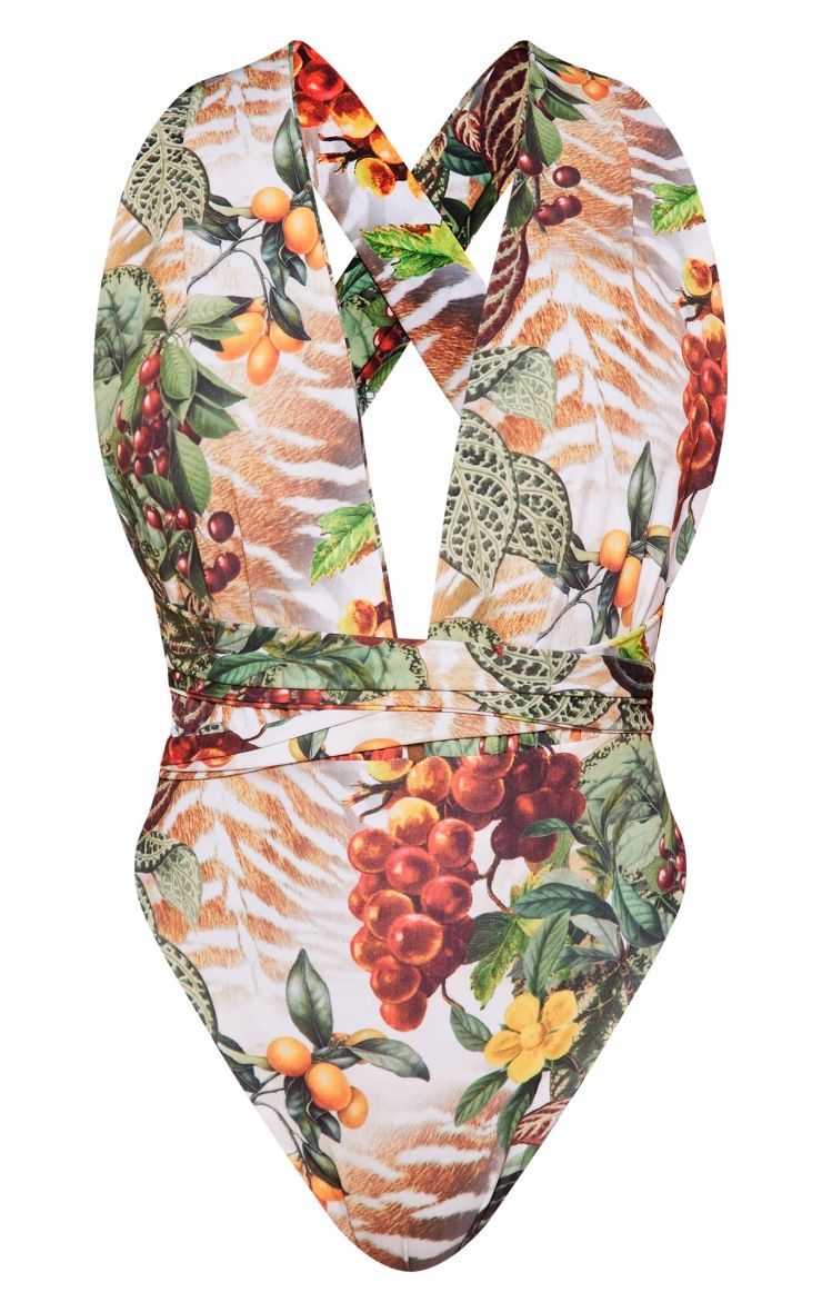 White Botanical Animal Wrap Waist Swimsuit | PrettyLittleThing US
